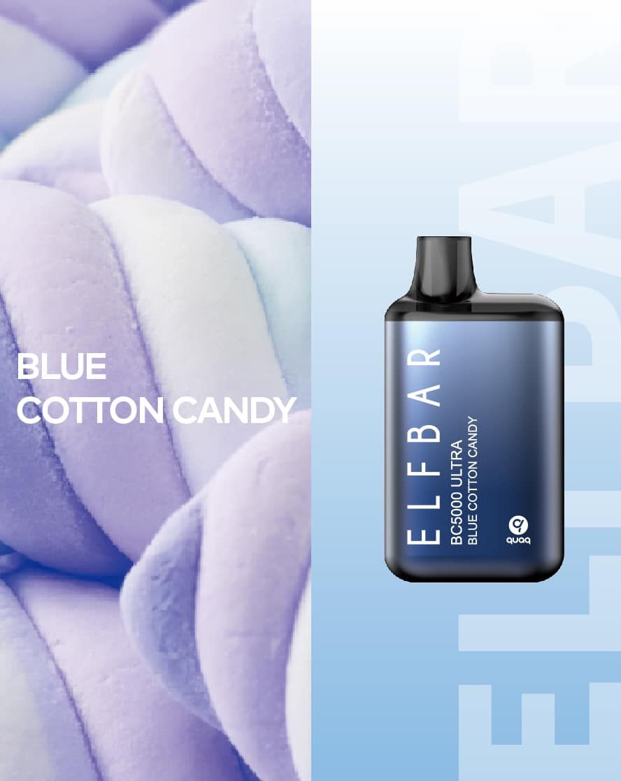 Blue Elf Bar vape product with blue cotton candy.