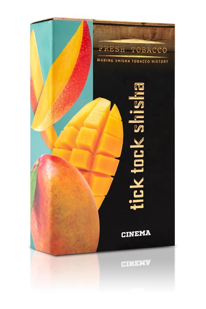 Box of Corena tick tock shisha. Features a mango graphic, with black and turquoise background.