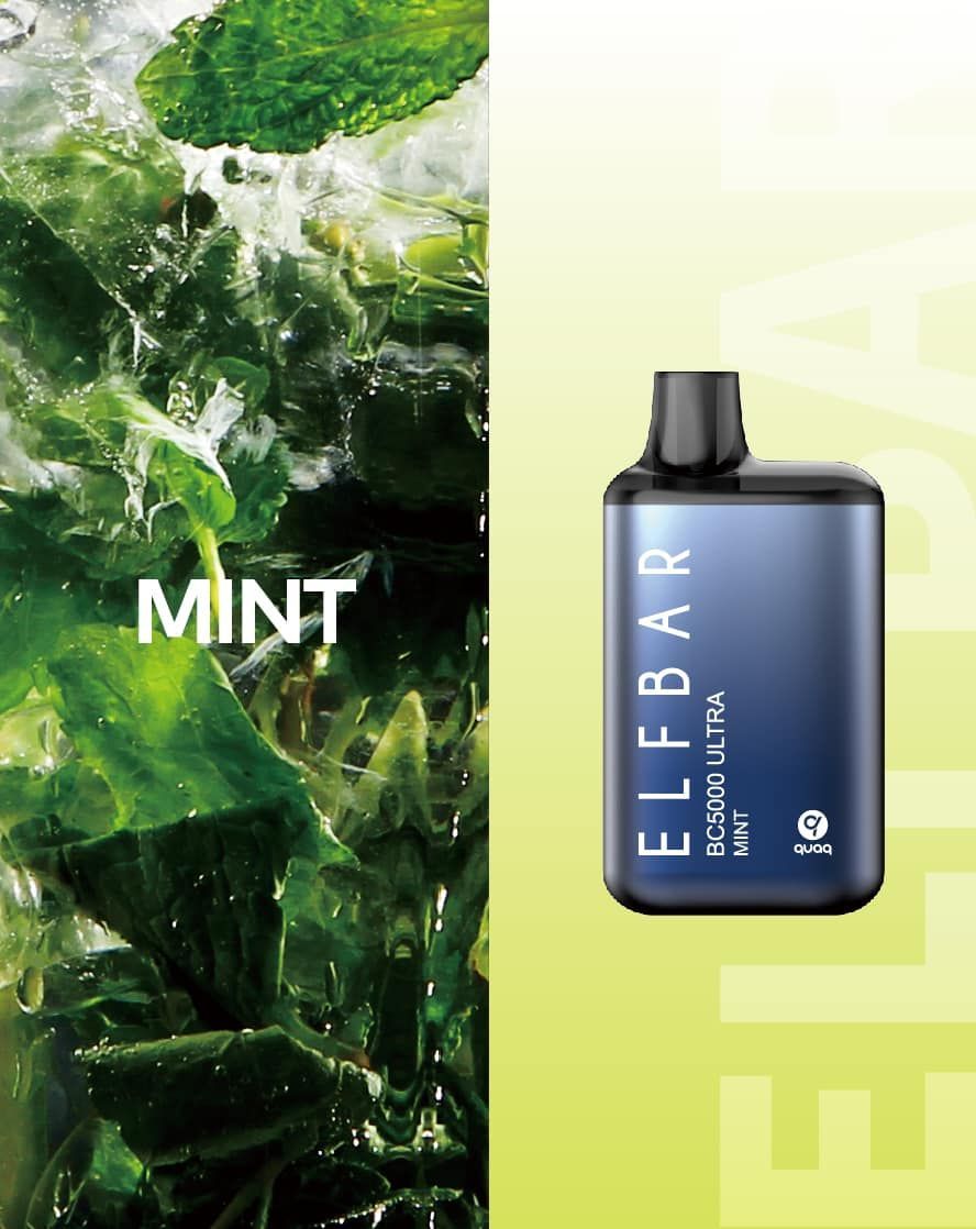 ELFBAR BC5000 Ultra vape with mint leaves, text 