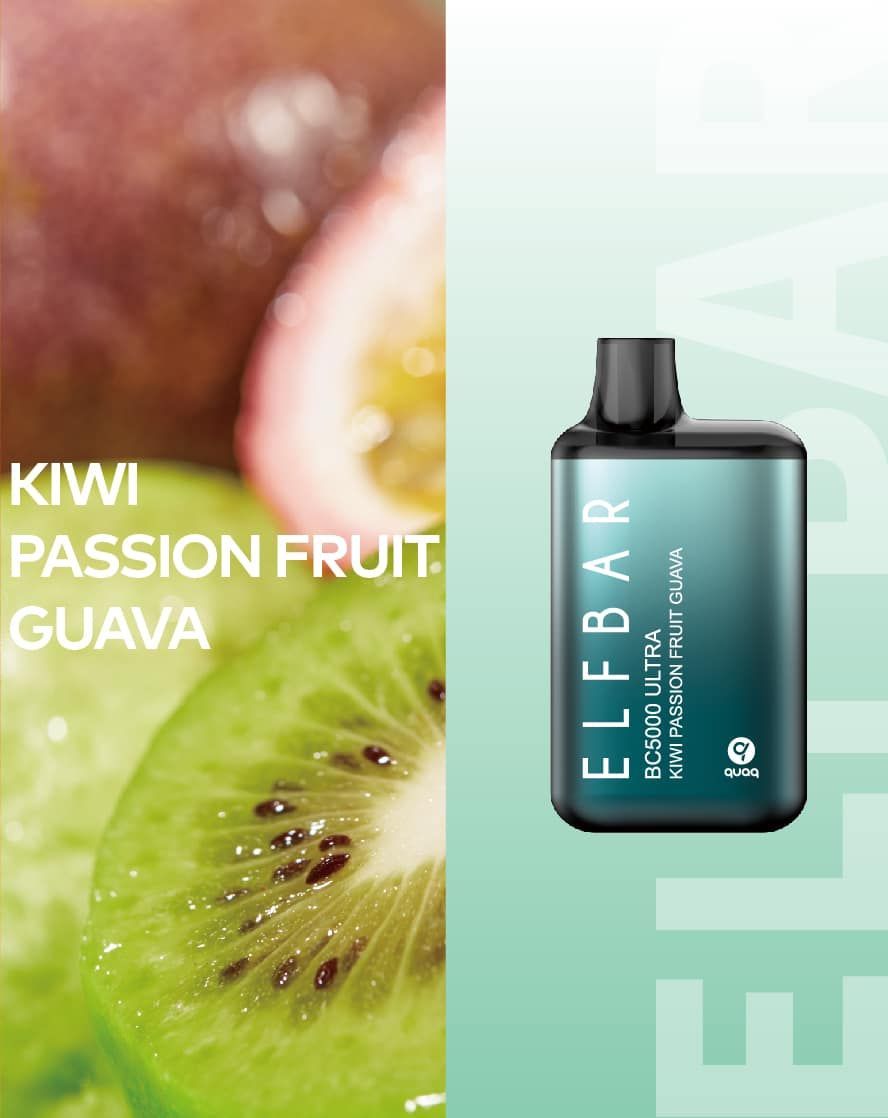Elfbar vape, kiwi, passion fruit, guava flavor with fruit background.