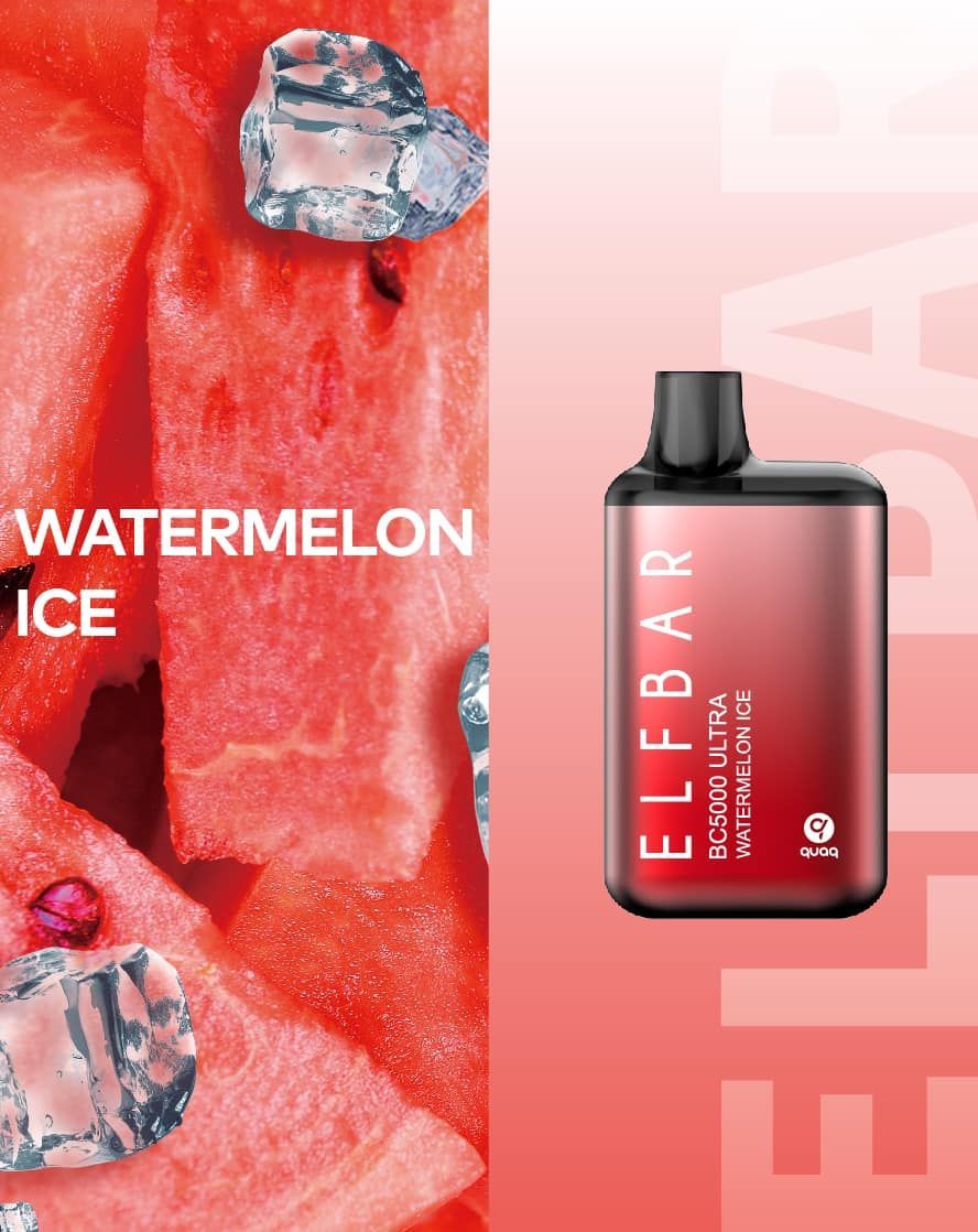 Watermelon Ice Elf Bar vape product with watermelon slices and ice cubes in a red background.