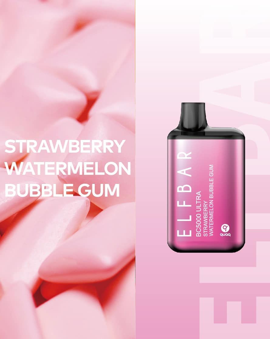 Elf Bar vape in strawberry watermelon bubble gum flavor next to pink bubble gum, text reads the same.