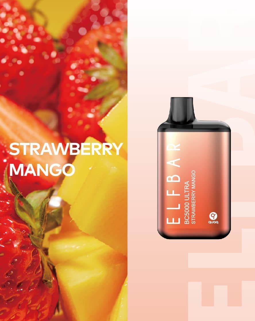 Elf Bar vape pen, Strawberry Mango flavor, with fruit background.
