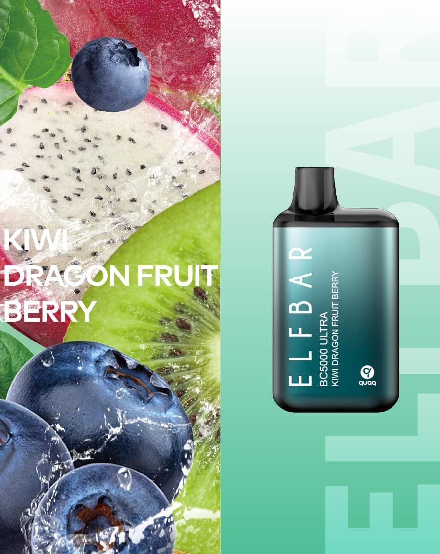 Elfbar BC5000 Ultra vape with Kiwi Dragon Fruit Berry flavors next to fruit.