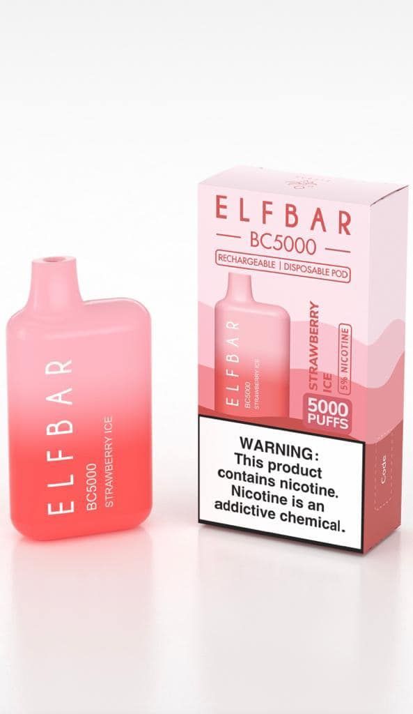 Elf Bar BC5000 disposable vape in strawberry ice flavor, with packaging. Red gradient color.