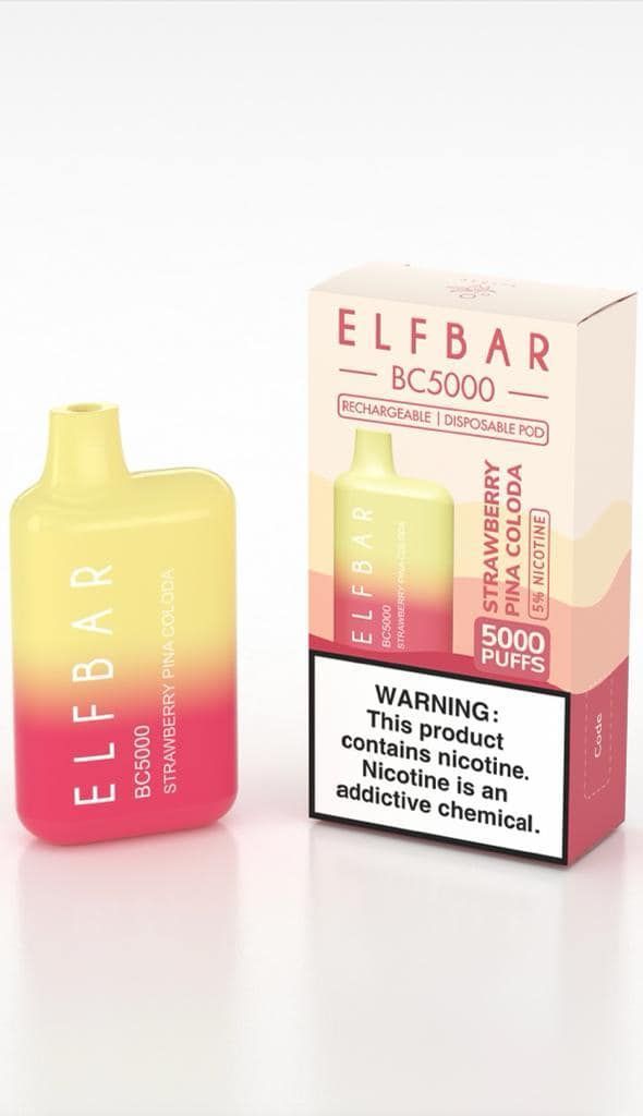 Elfbar BC5000 disposable vape in lemon and strawberry flavors, next to its box, both pink and yellow.