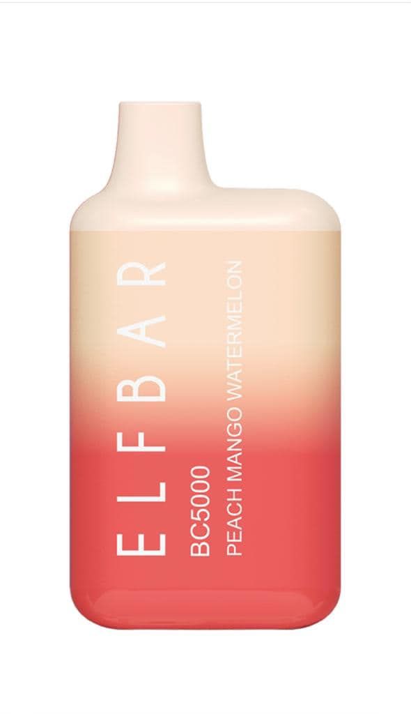 Elf Bar BC5000 vape in a peach and red gradient, with text 