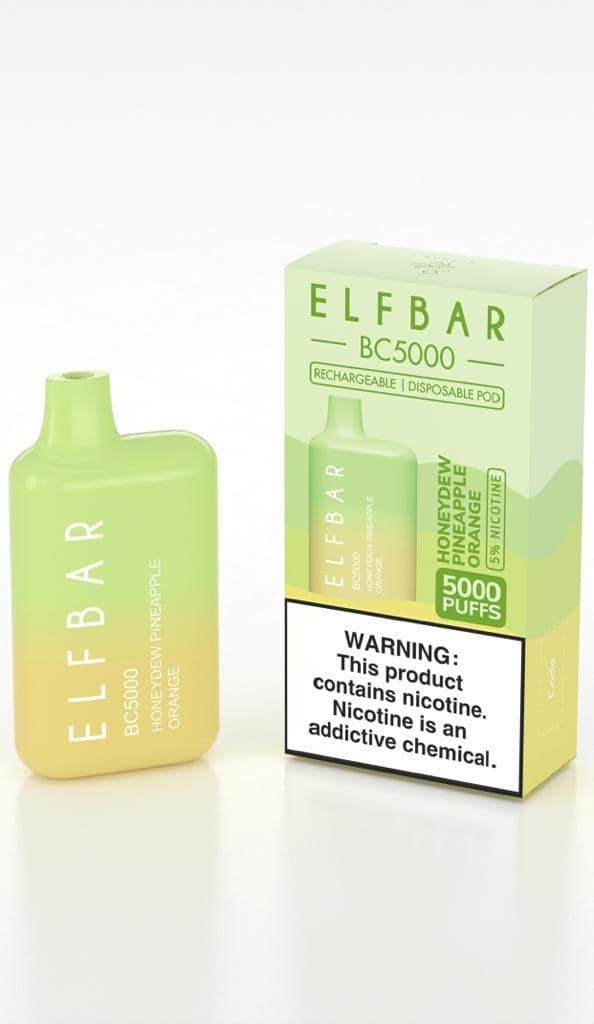 Elf Bar BC5000 vape device and box. Green and yellow gradient, white warning label.