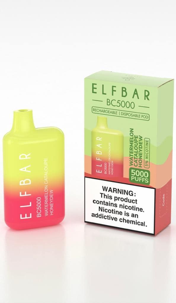 Elfbar BC5000 vape device and box. Device is yellow/red ombre; box is green/orange. Warning label visible.