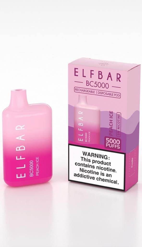 Pink Elfbar BC5000 vape device and box; gradient pink color, white warning label.
