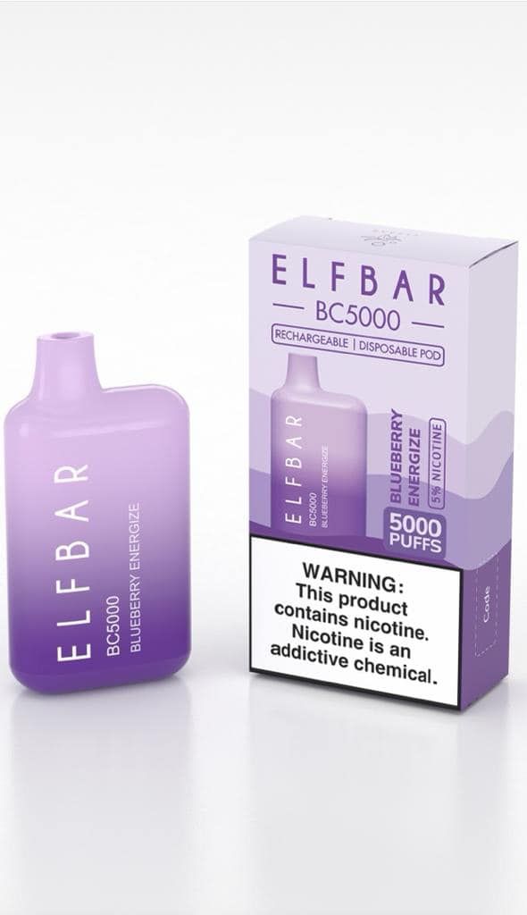 Purple Elf Bar vape pen and box; Blueberry Ice flavor.