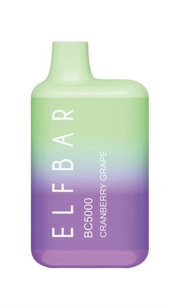 Elf Bar BC5000 disposable vape in green, purple, and white, with 