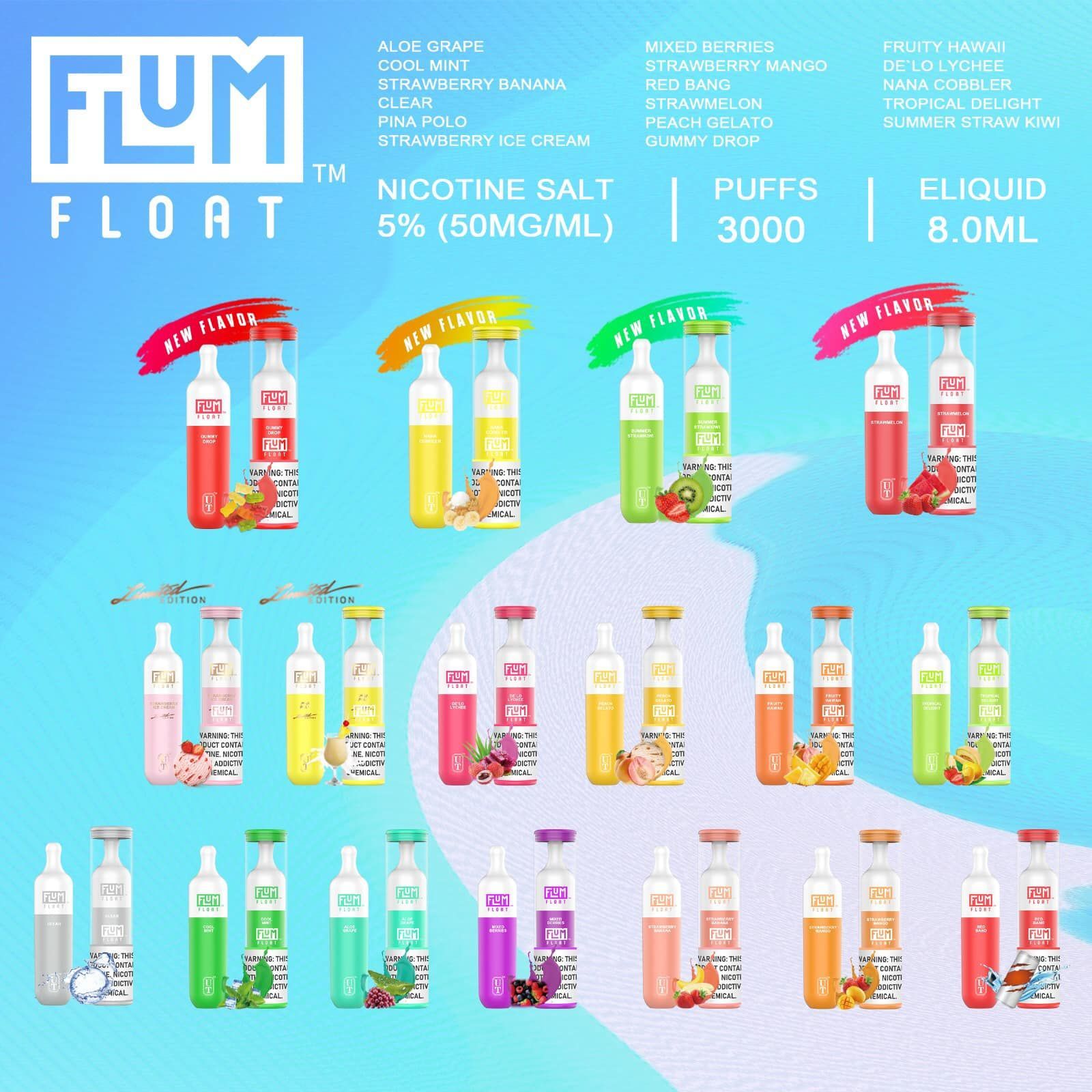 Flum Float e-cigarettes in various fruit flavors. White background, each with a color-coordinated design.