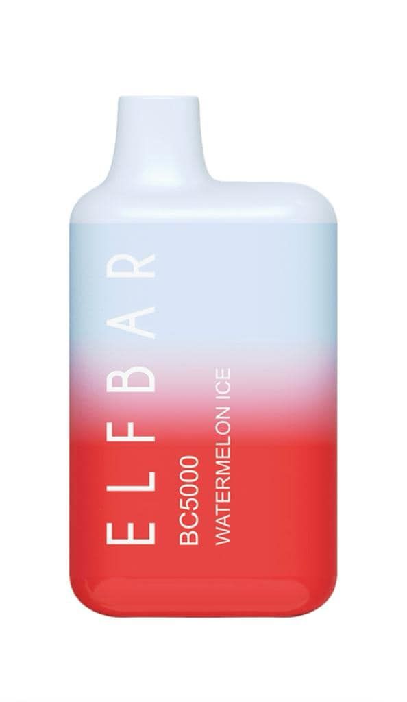 Elf Bar BC5000 watermelon ice disposable vape. Red to blue gradient. White text.