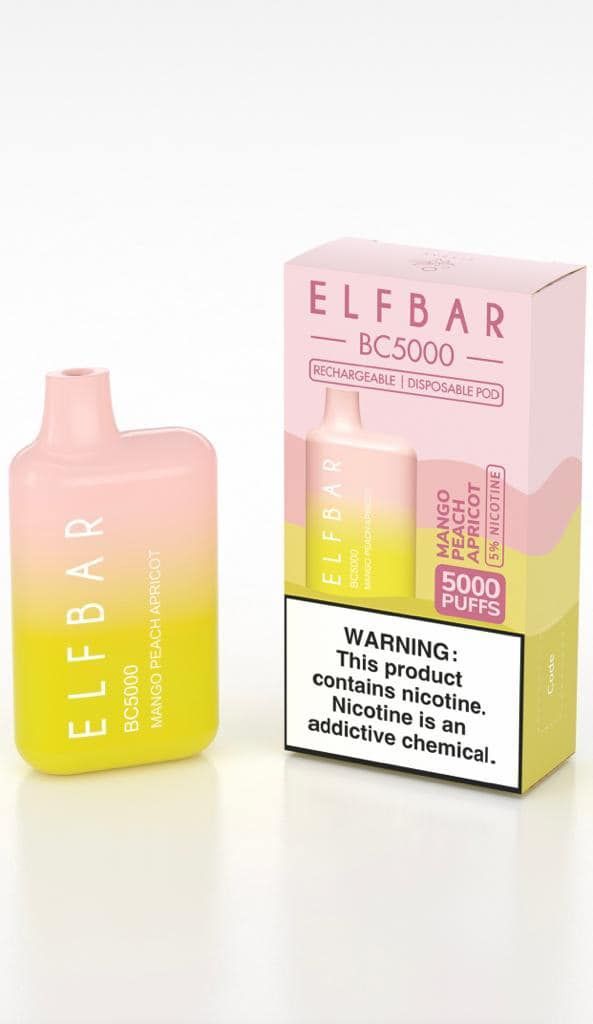 Pink and yellow Elf Bar BC5000 vape device and box; Mango Peach flavor, warning label.