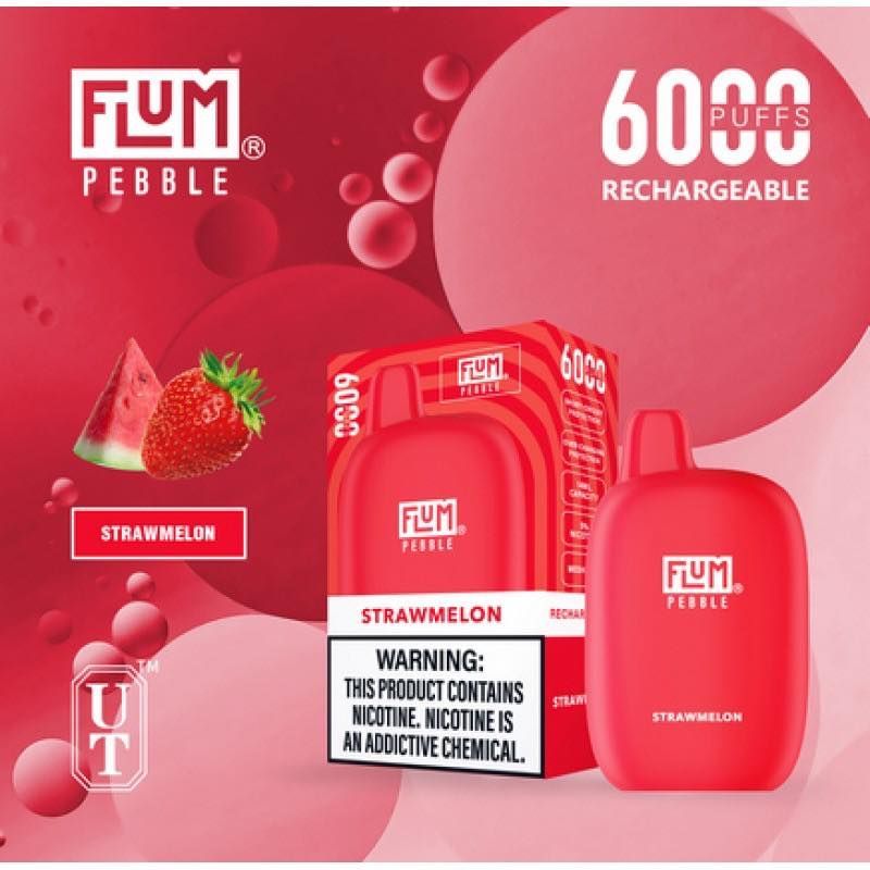Red Flum Pebble vape device and packaging with watermelon and strawberry, advertising the 