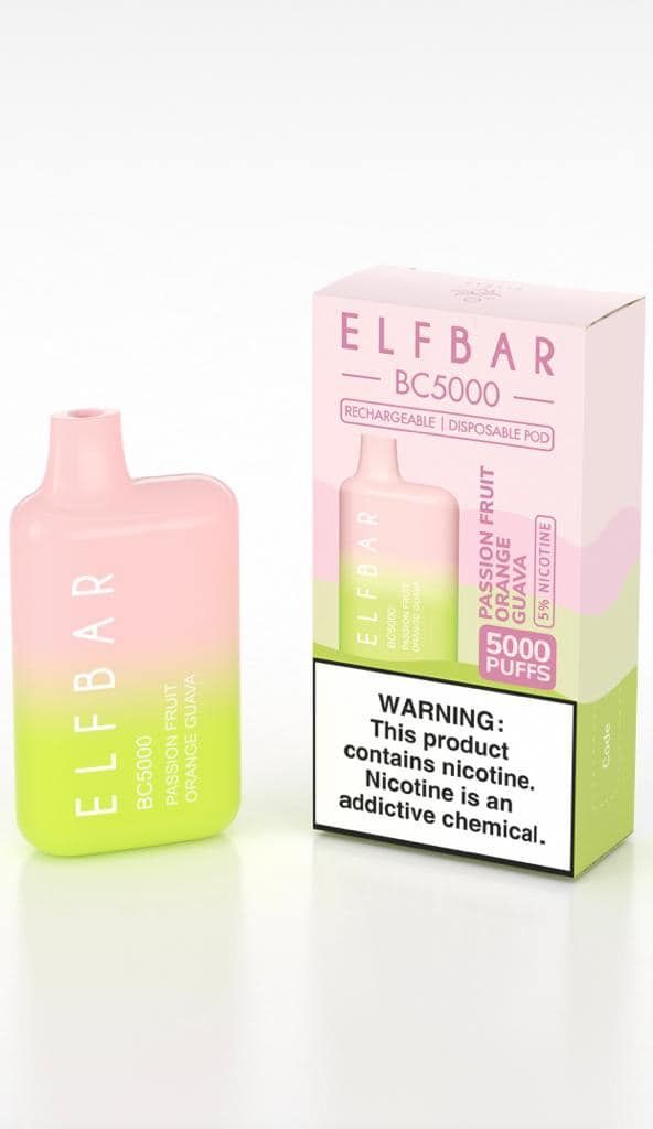 An Elf Bar BC5000 disposable vape device and its packaging, colored pink and green, against a white backdrop.