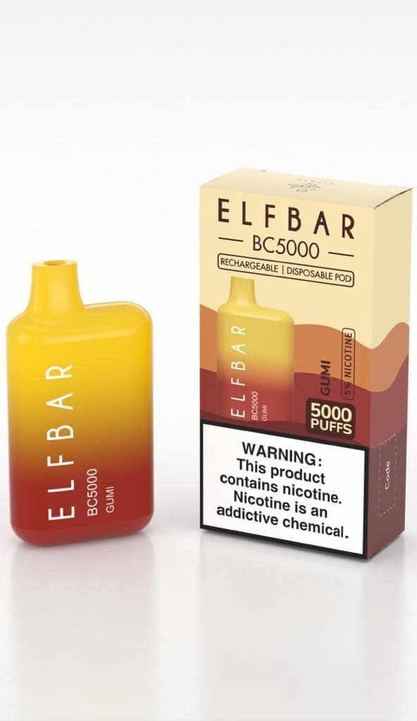 An Elfbar BC5000 disposable vape device and its packaging. Yellow and orange gradient. Box displays warning label.