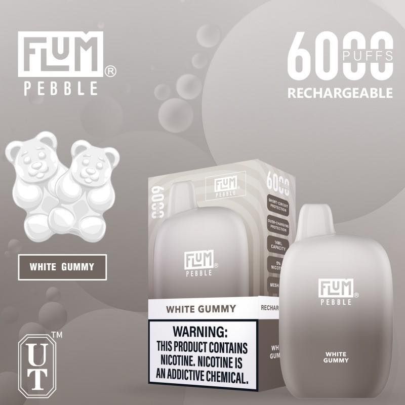 Flum Pebble vape with White Gummy flavor, featuring a gummy bear graphic and warning label.