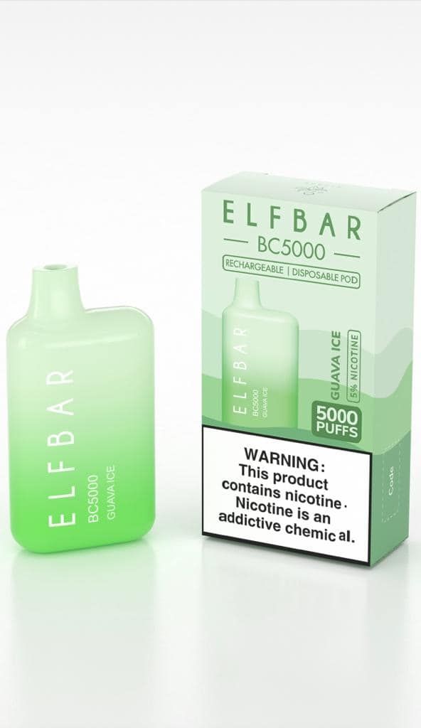 Elfbar BC5000 vape and box; light green gradient with banana ice flavor; warning label visible.
