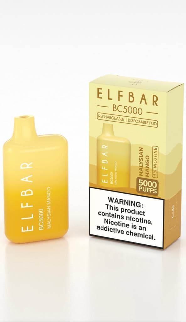 Yellow Elf Bar BC5000 vape and box, mango flavor.