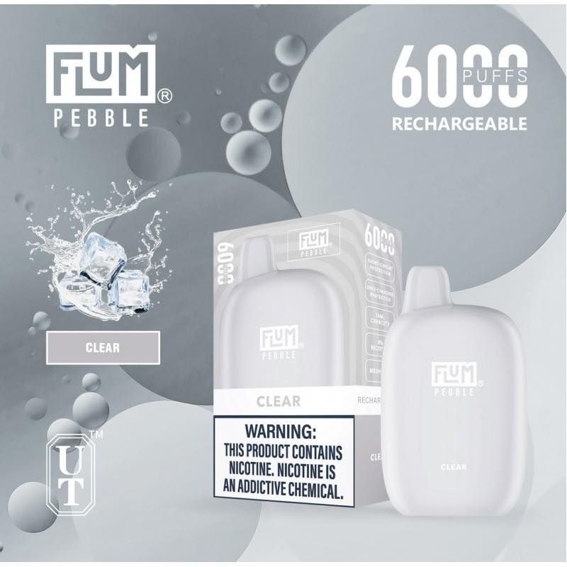 Flum Pebble clear vape; white, rechargeable, 6000 puffs. Includes ice cubes and bubbles.