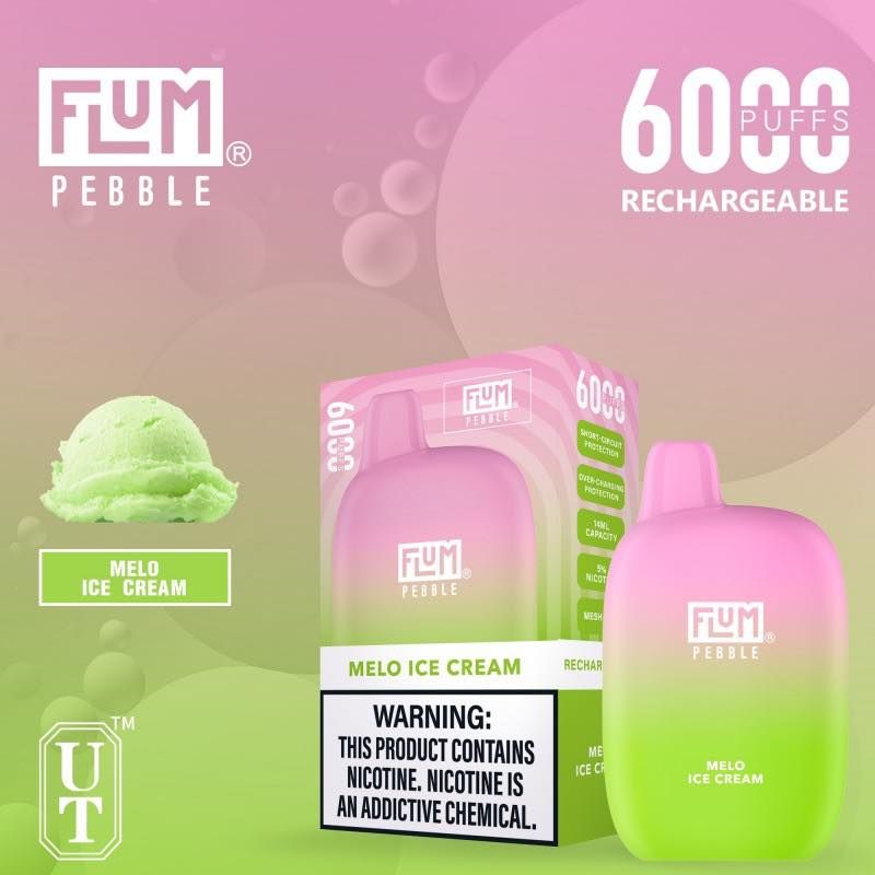Fum Pebble Melo Ice Cream vape. Green ice cream scoop, pink and green vape, packaging, and bubbles.