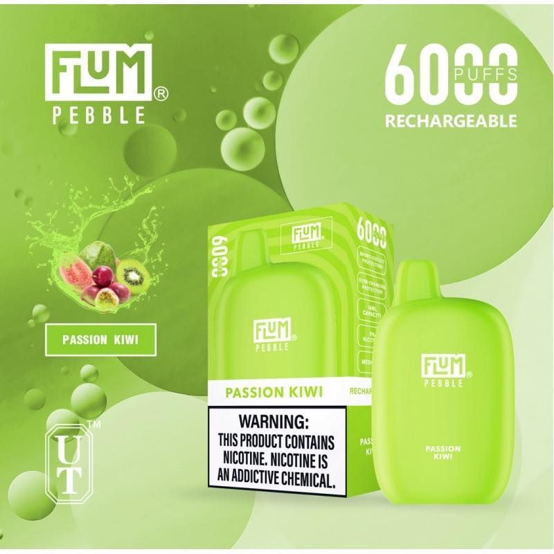 Flum Pebble Passion Kiwi vape. Green design, with fruit illustration, and 