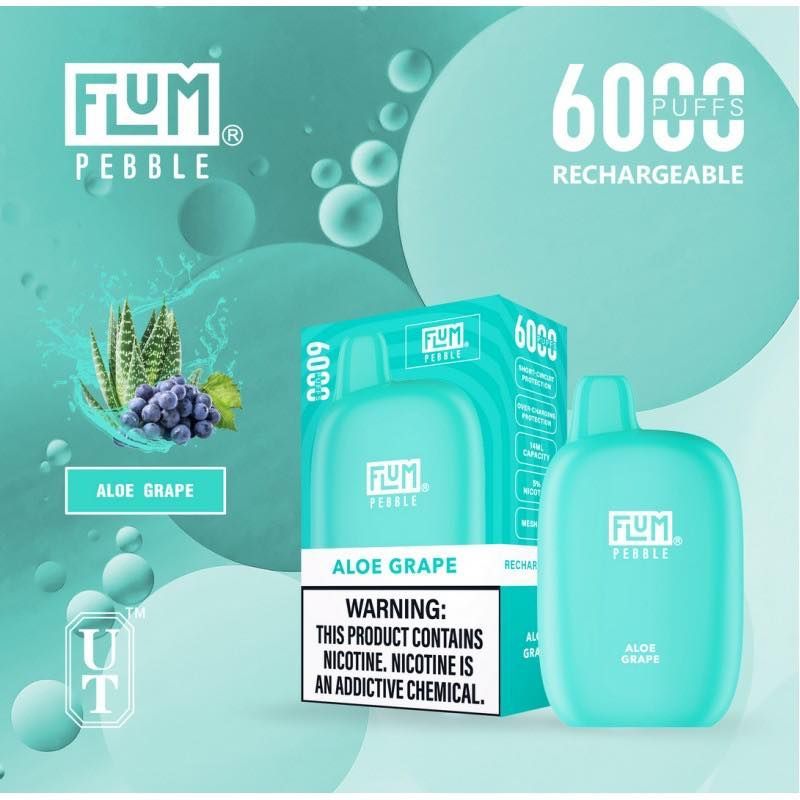 Flum Pebble disposable vape in Aloe Grape flavor, turquoise, with text and graphics of aloe and grapes.