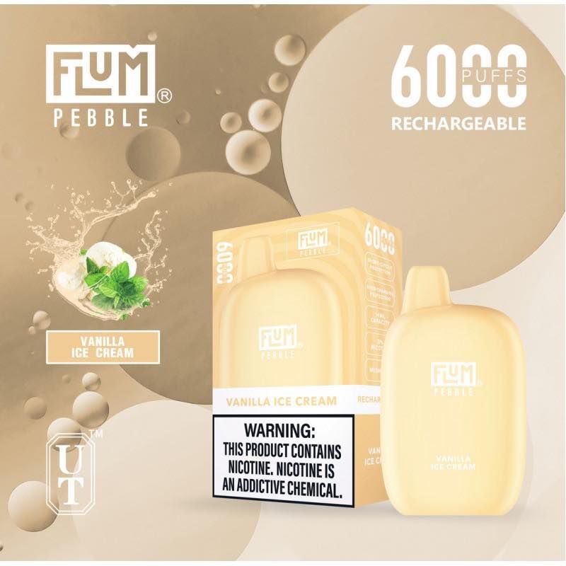 Flum Pebble disposable vape, vanilla ice cream flavor. Beige, with 