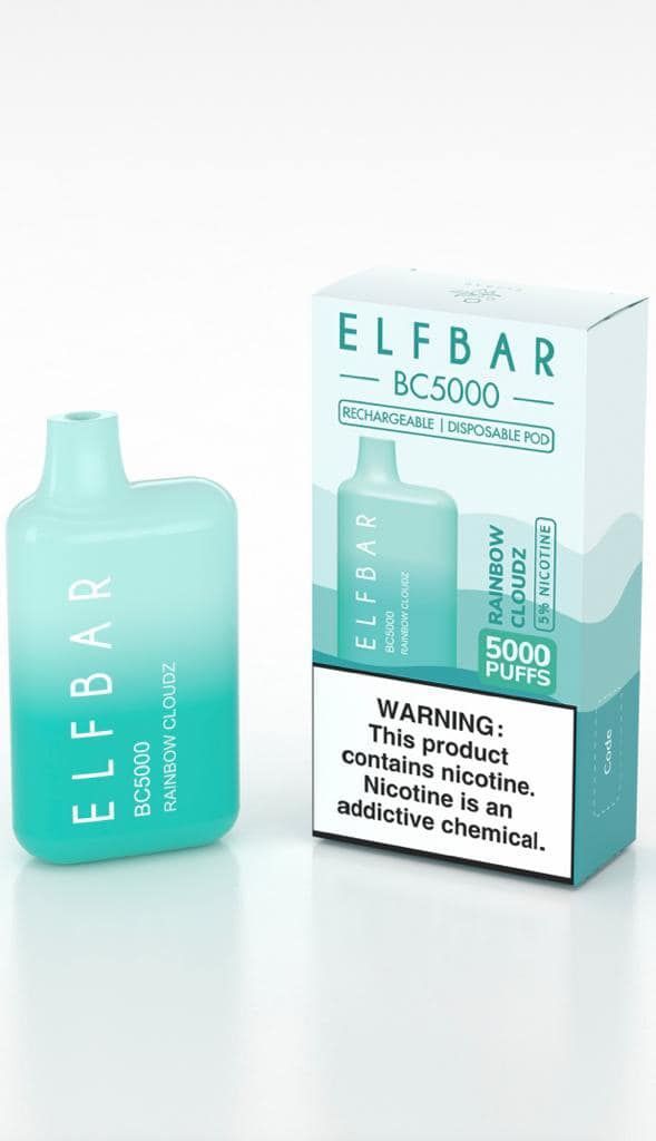 An Elf Bar BC5000 vape and its box, both teal-green. The box displays the product, flavor name, and a nicotine warning.