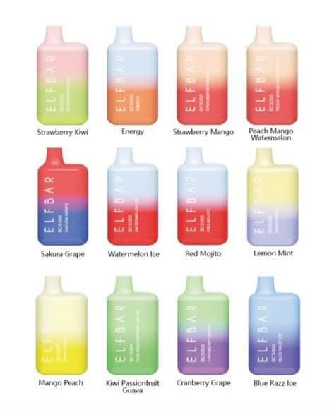Twelve colorful Elf Bar disposable vapes with different flavors.