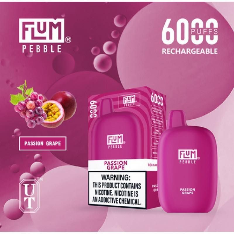 Flum Pebble Passion Grape vape. Displays product with fruit illustrations and warning label.