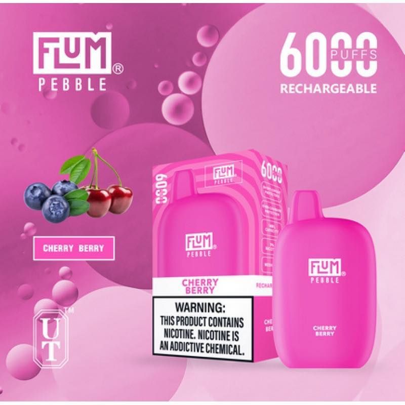 Pink Flum Pebble vape with Cherry Berry flavor, blueberries, and cherries. Contains nicotine, rechargeable.