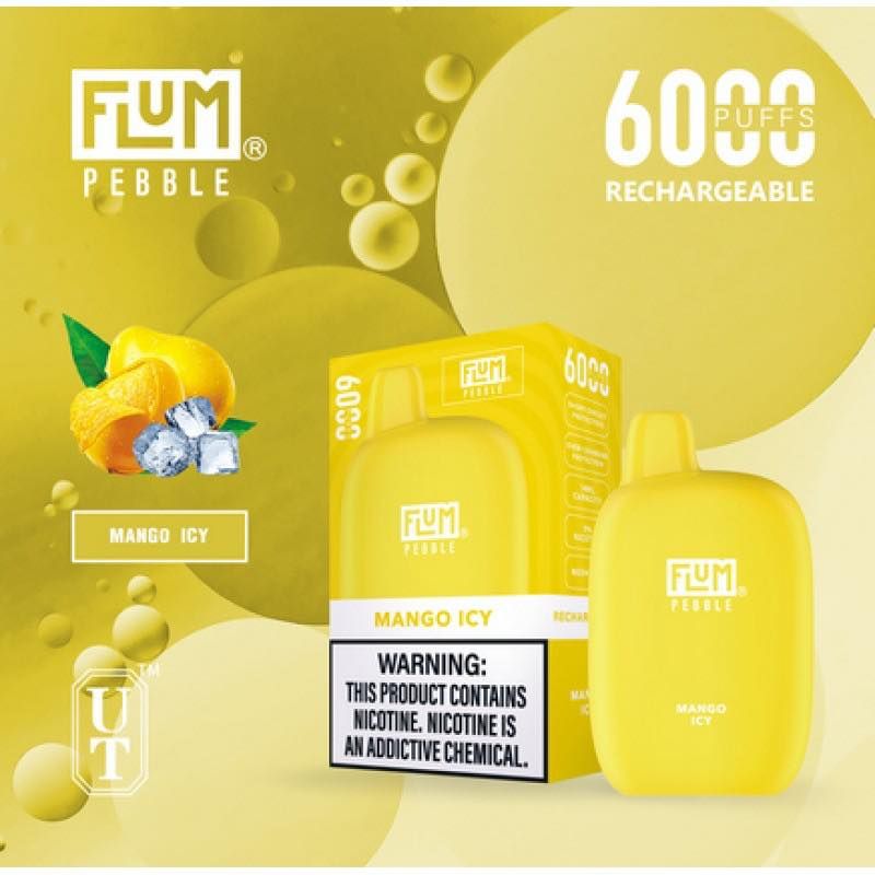 Yellow Flum Pebble Mango Icy vape with packaging and fruit visuals. 