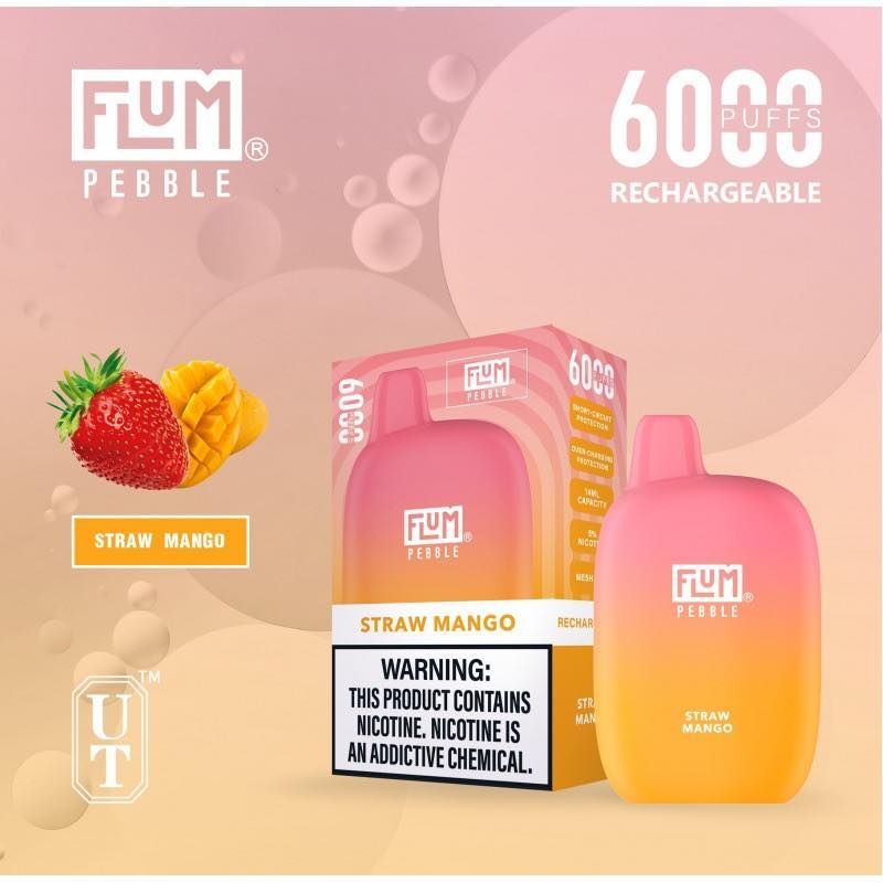 A Flum Pebble vape in a box and on display, strawberry mango flavor. Shows a strawberry and mango, 6000 puffs.