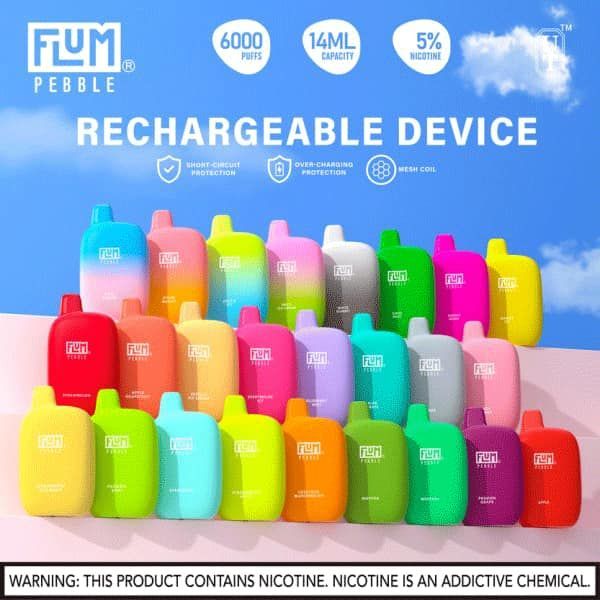 Colorful Flum Pebble rechargeable vapes, 6000 puffs, 14ml capacity, 5% nicotine.