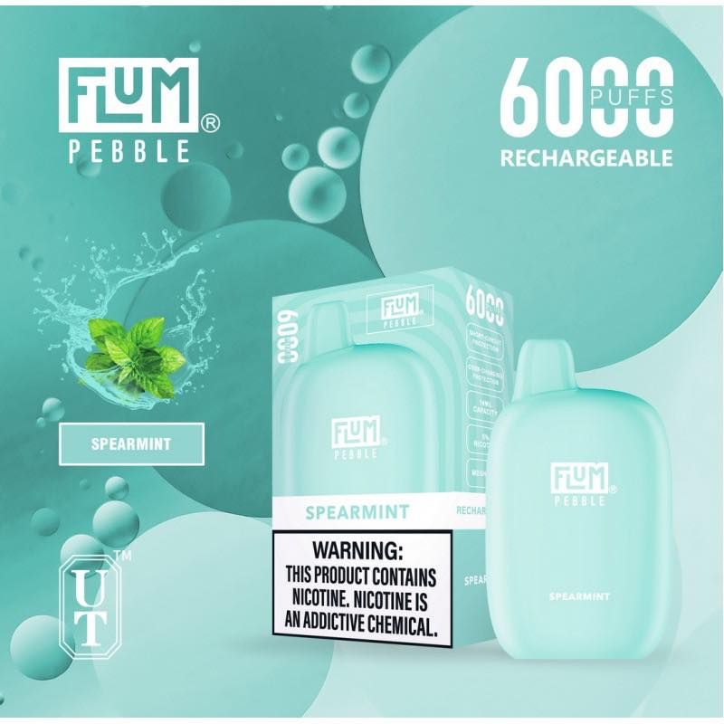 Flum Pebble Spearmint vape product with mint sprig graphic, packaging, and details on a teal background.