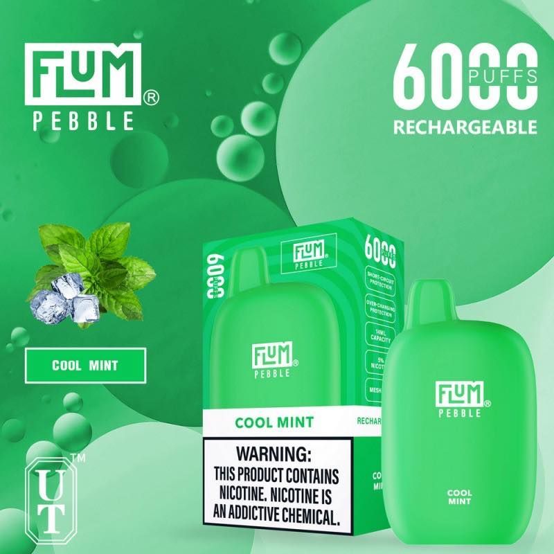 Green Flum Pebble vape with Cool Mint flavor, mint leaves, and ice cubes. Text: 