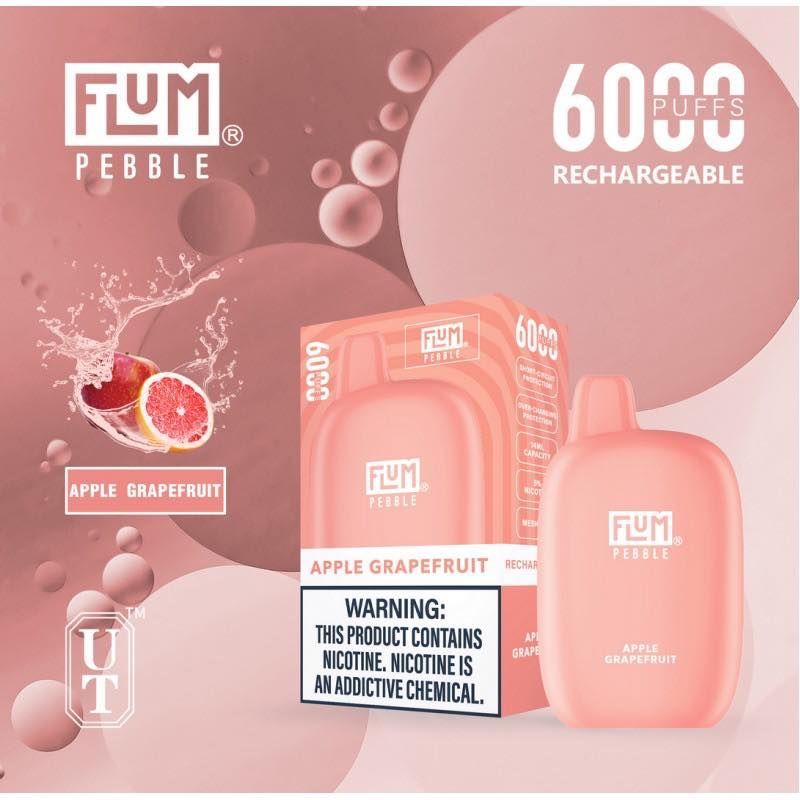 Advertisement for a Flum Pebble vape pen in Apple Grapefruit flavor. It shows the device, packaging, and fruit graphics.
