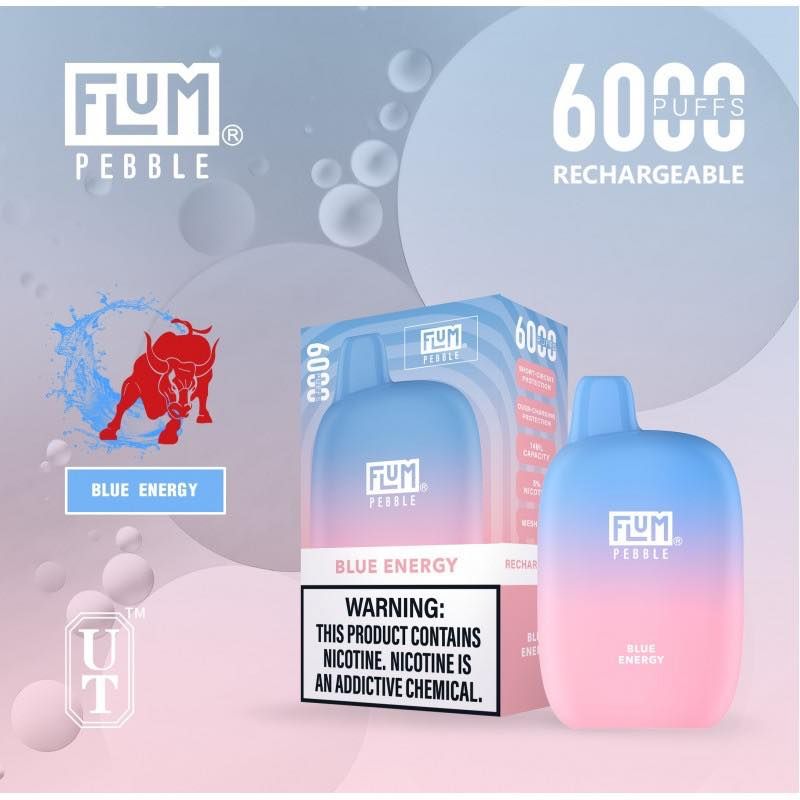 A Flum Pebble Blue Energy vape device with a warning label. Features the brand logo, a bull, and bubble graphics.
