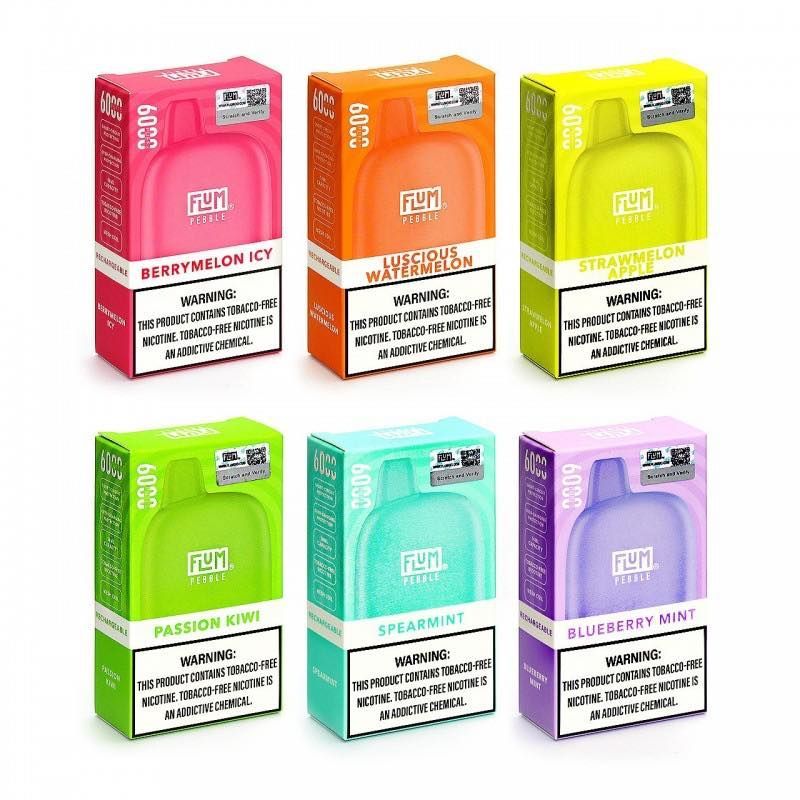 Six flavored disposable vapes in colorful boxes.