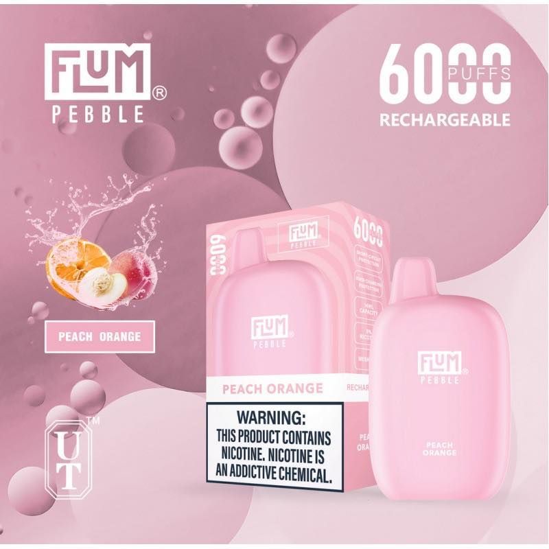 Flum Pebble vape pen in Peach Orange flavor, showing fruit and packaging, pink background.
