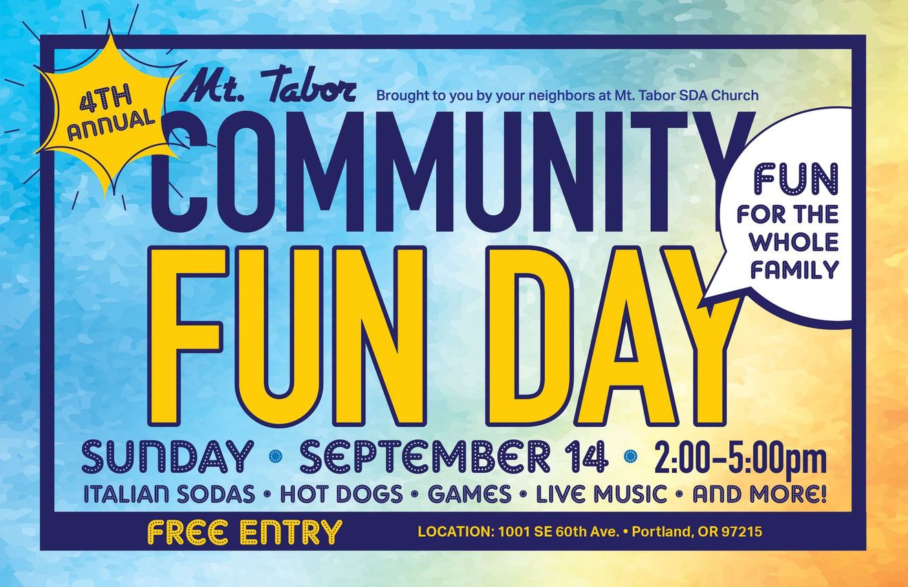 Poster for Mt. Tabor Community Fun Day on September 14, featuring Italian sodas, hot dogs, games, live music. Free entry.