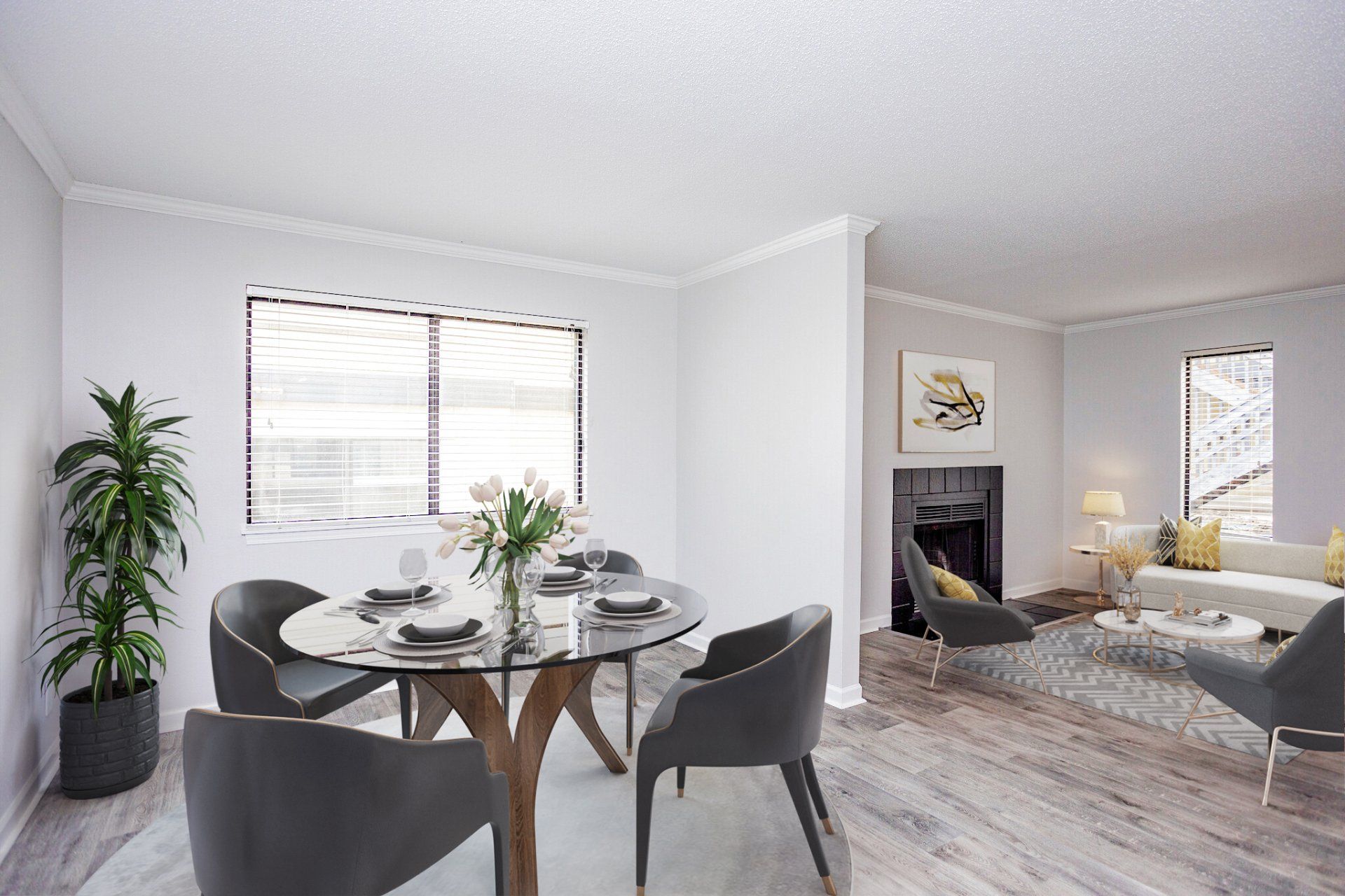 Apartments for Rent in Clive IA - Pet-Friendly Apartments in Clive IA - The Vibe at 8035 - Living Room with Wood-Style Flooring and an Interior Fireplace