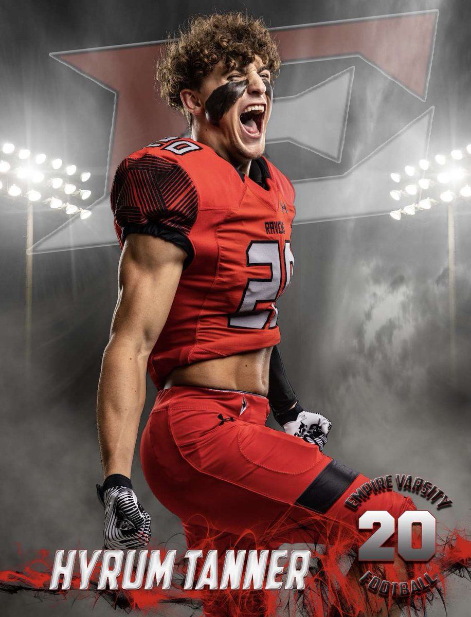 Football player Hyrum Tanner in red uniform, yelling with arms raised.