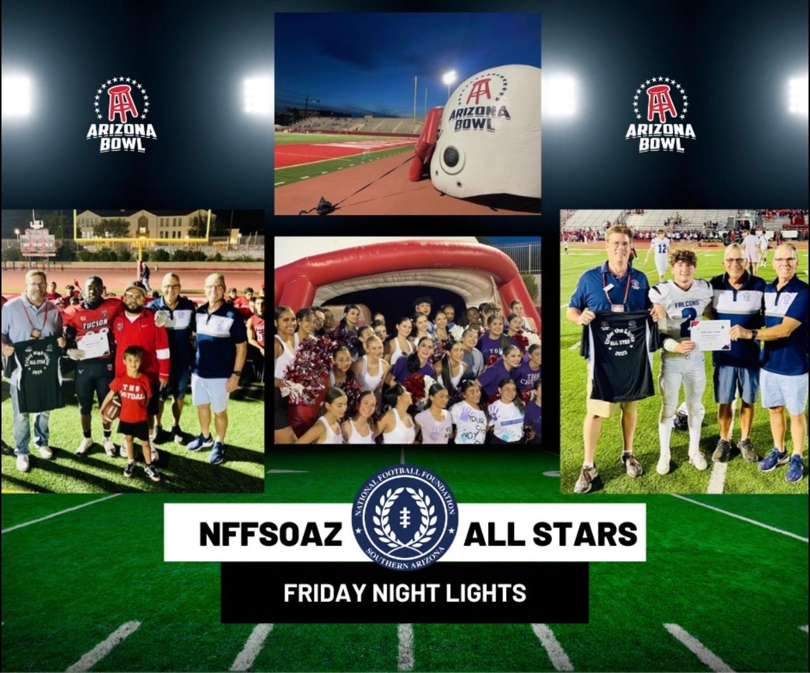 Arizona Bowl and NFFSOAZ All-Stars event featuring football, a stadium, and people.