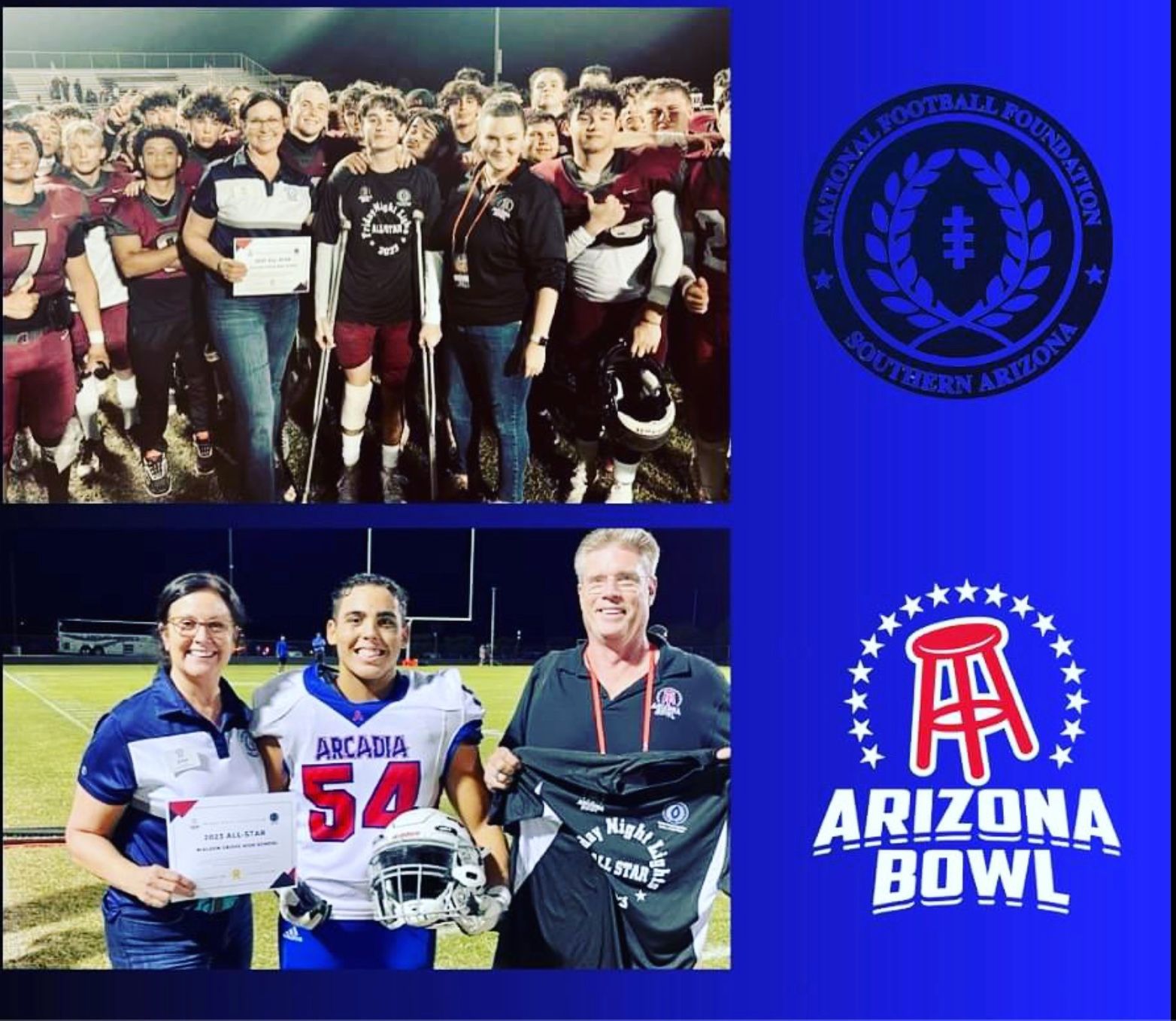 Football award ceremonies: Teams posing with certificates and trophies. Logos for Southern Arizona and Arizona Bowl.