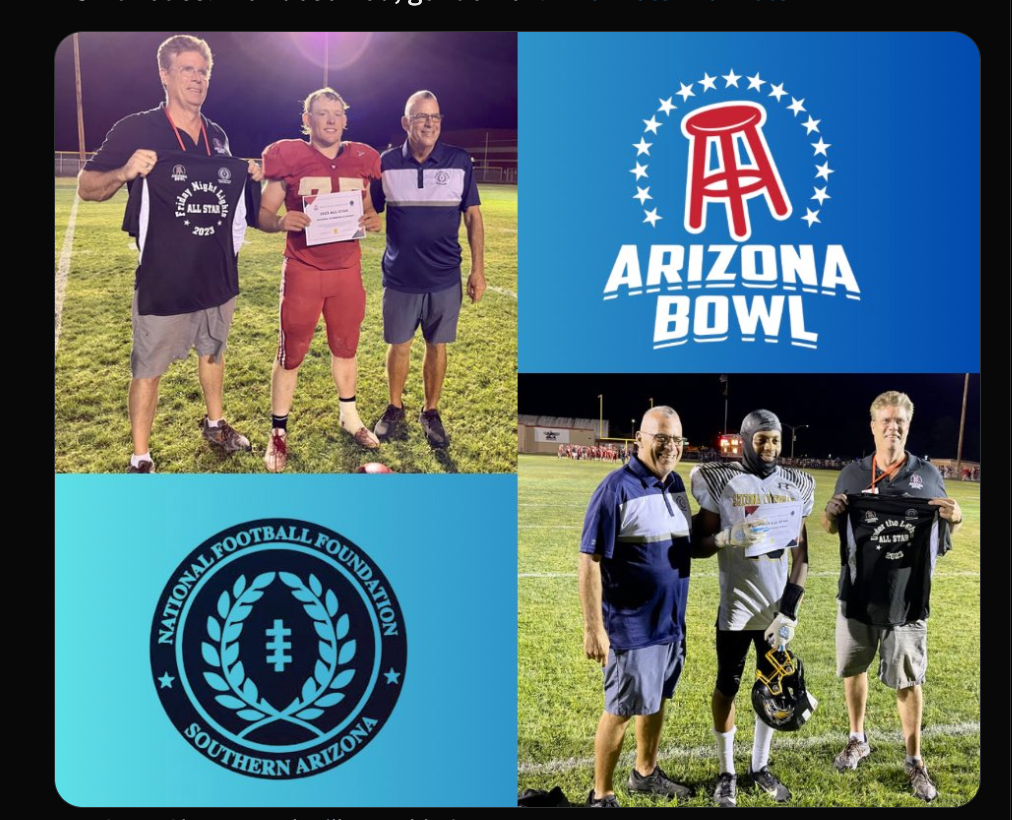 Composite: football player awards & Arizona Bowl logo. Men on a field with awards, holding jerseys.