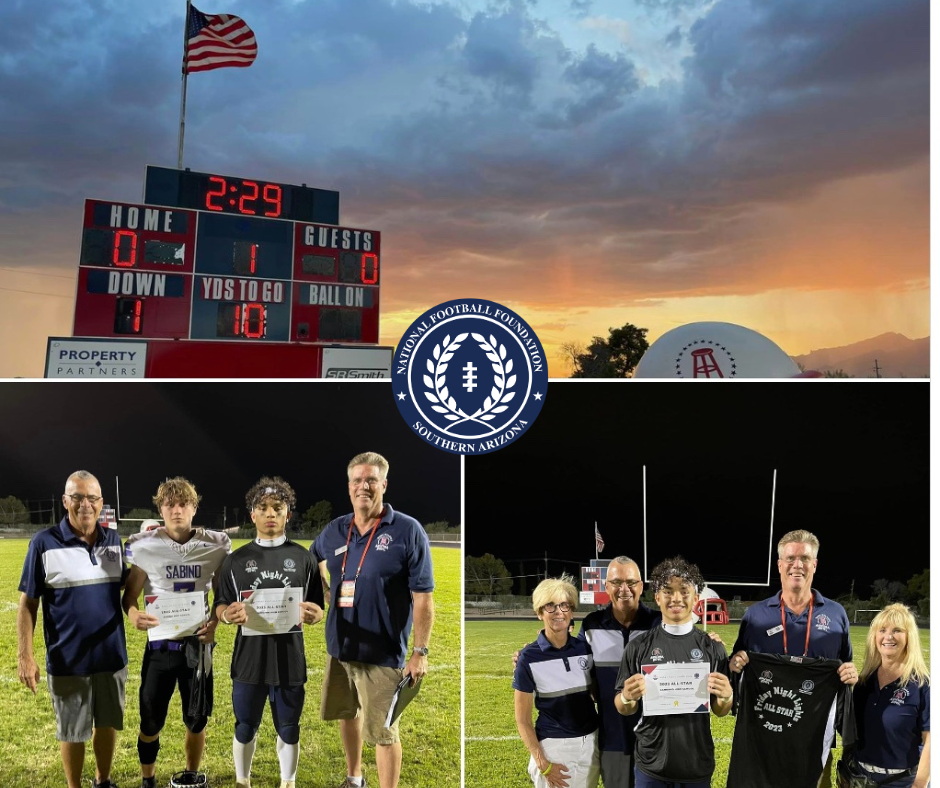 Football game scoreboard and team award ceremony under a sunset sky.